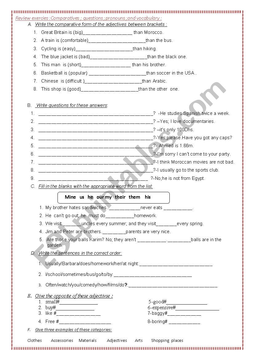 Review grammar exercises worksheet