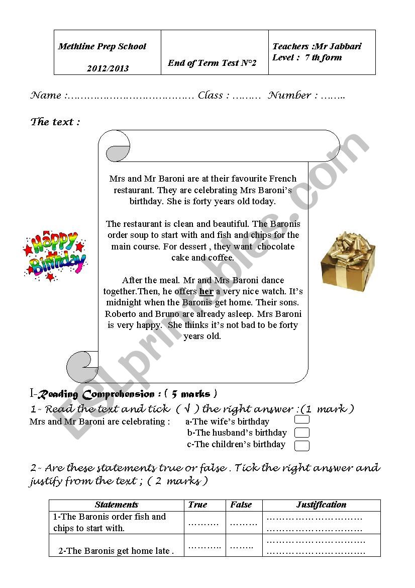 global test n2 worksheet