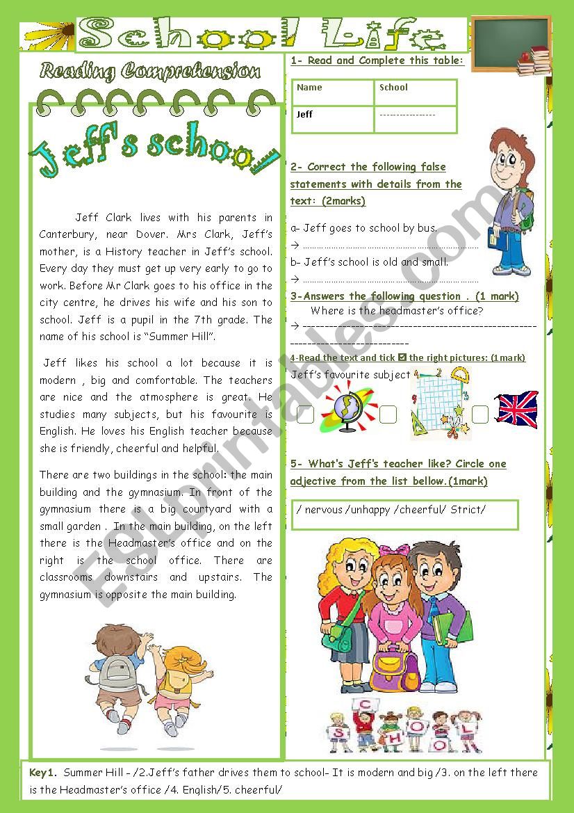 School Life(End of Term3 Test 7th form)2parts: Reading Comprehension+Language+Key.