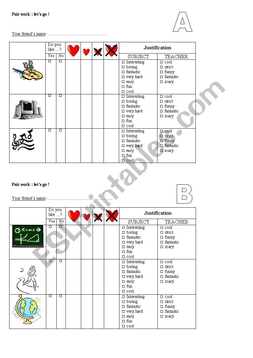 pairwork school subjects worksheet