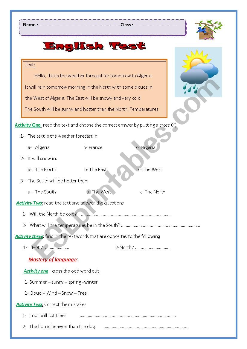 reading test worksheet