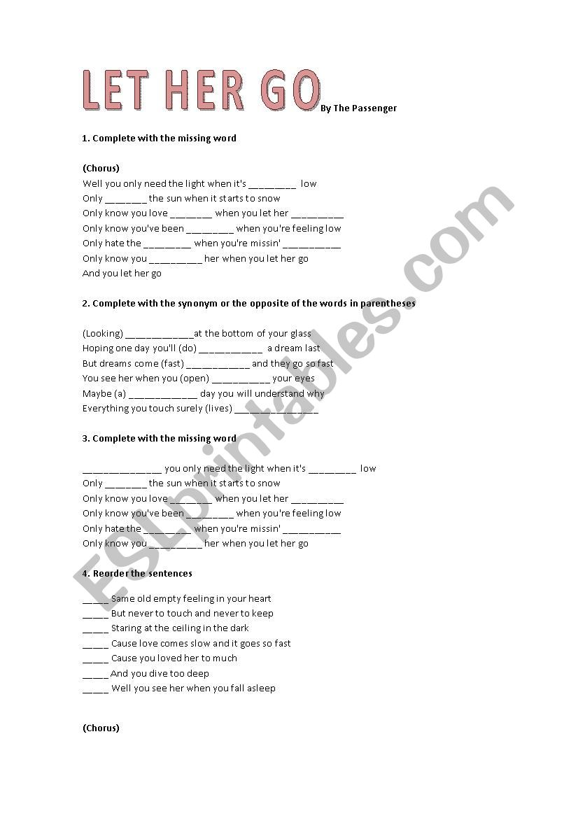 Let her go - The Passenger worksheet