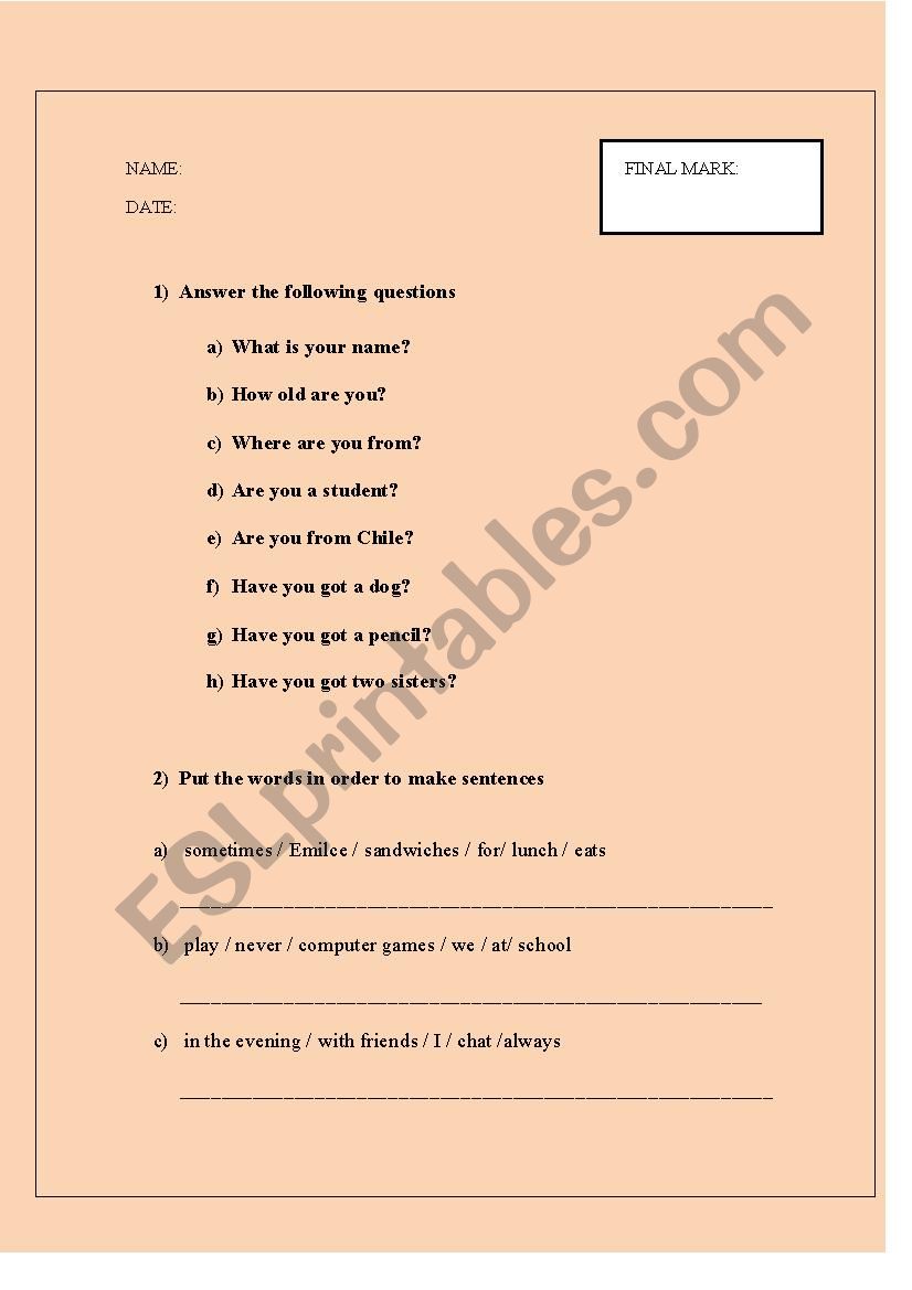 diagnostic test worksheet