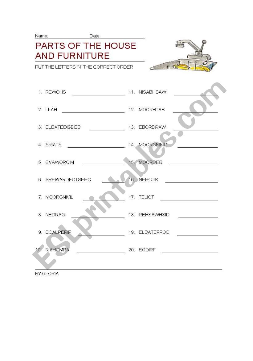 PARTS OF THE HOUSE AND FURNITURE WORD JUMBLES