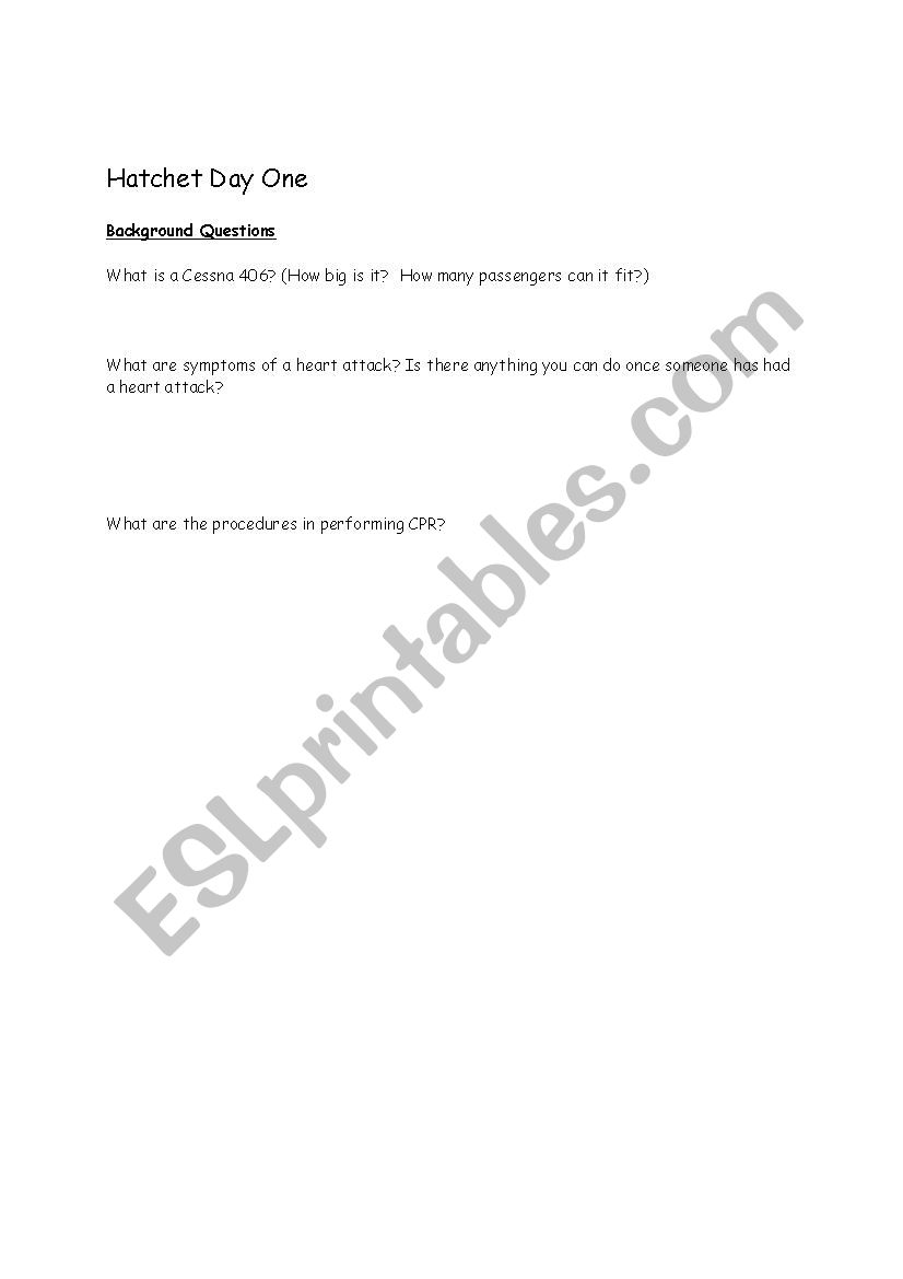 Hatchet By Gary Paulsen Day One Reading Guide Esl Worksheet By