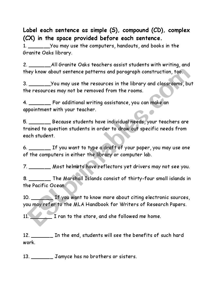 Types of Sentences worksheet