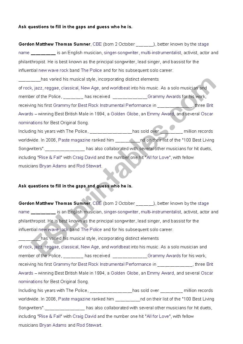 Sting worksheet