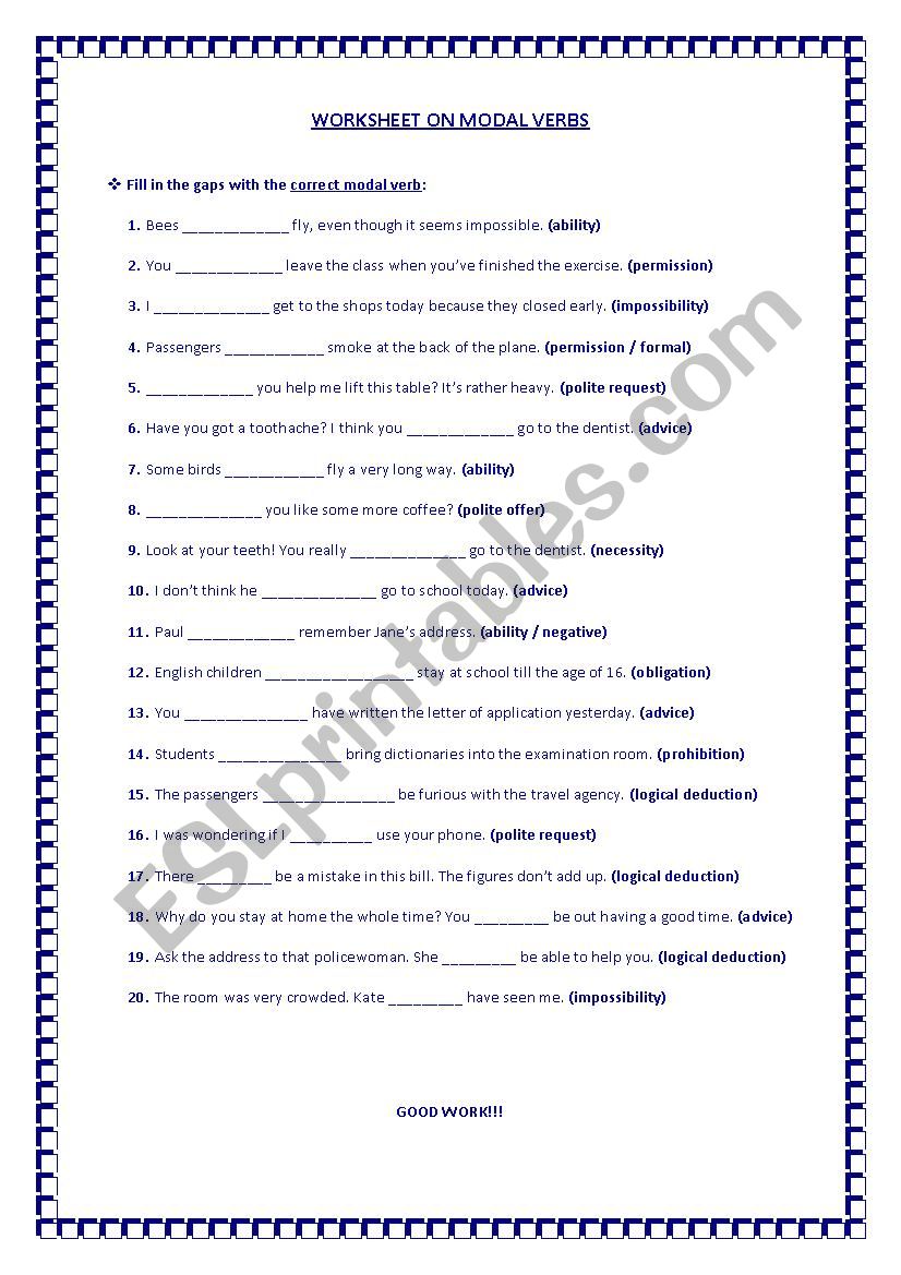 Modal verbs worksheet