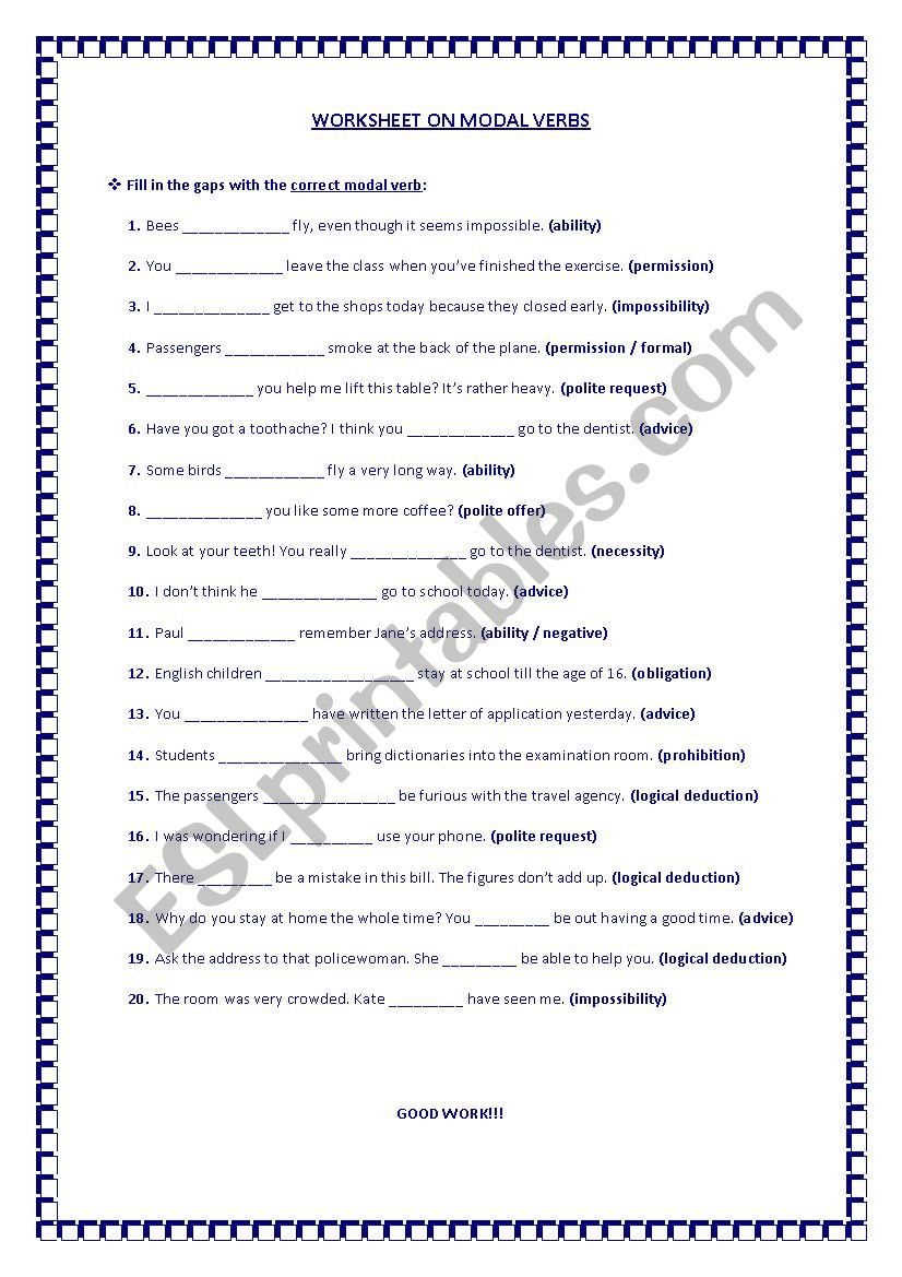 Modal verbs worksheet