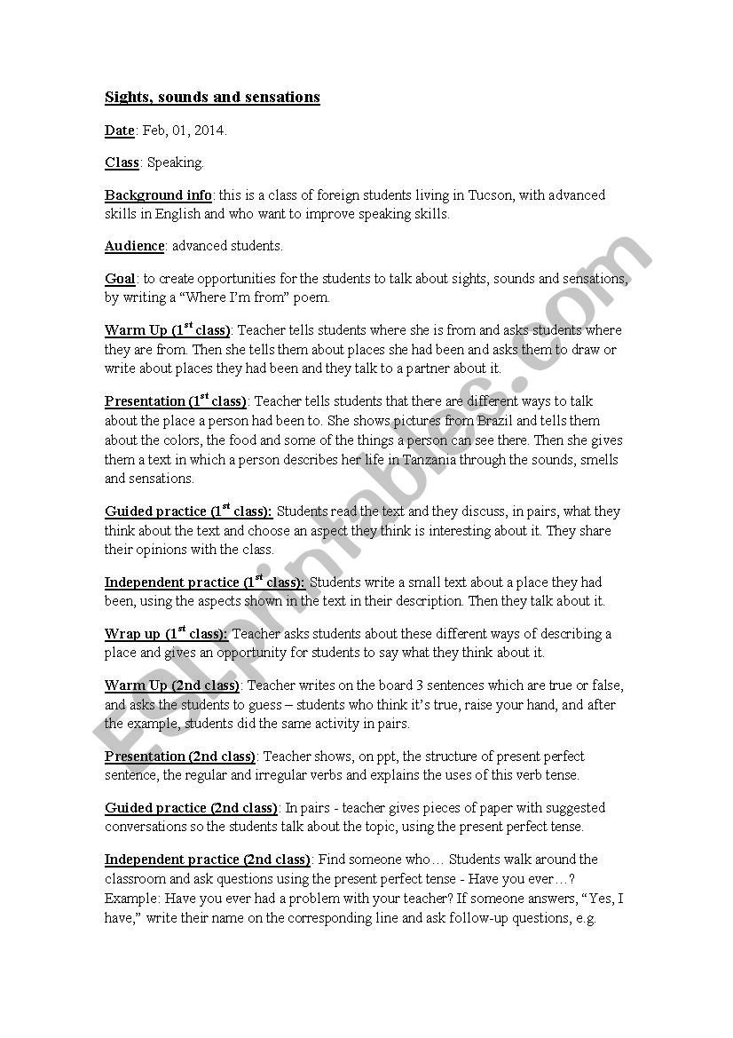Sights, sounds and sensations worksheet