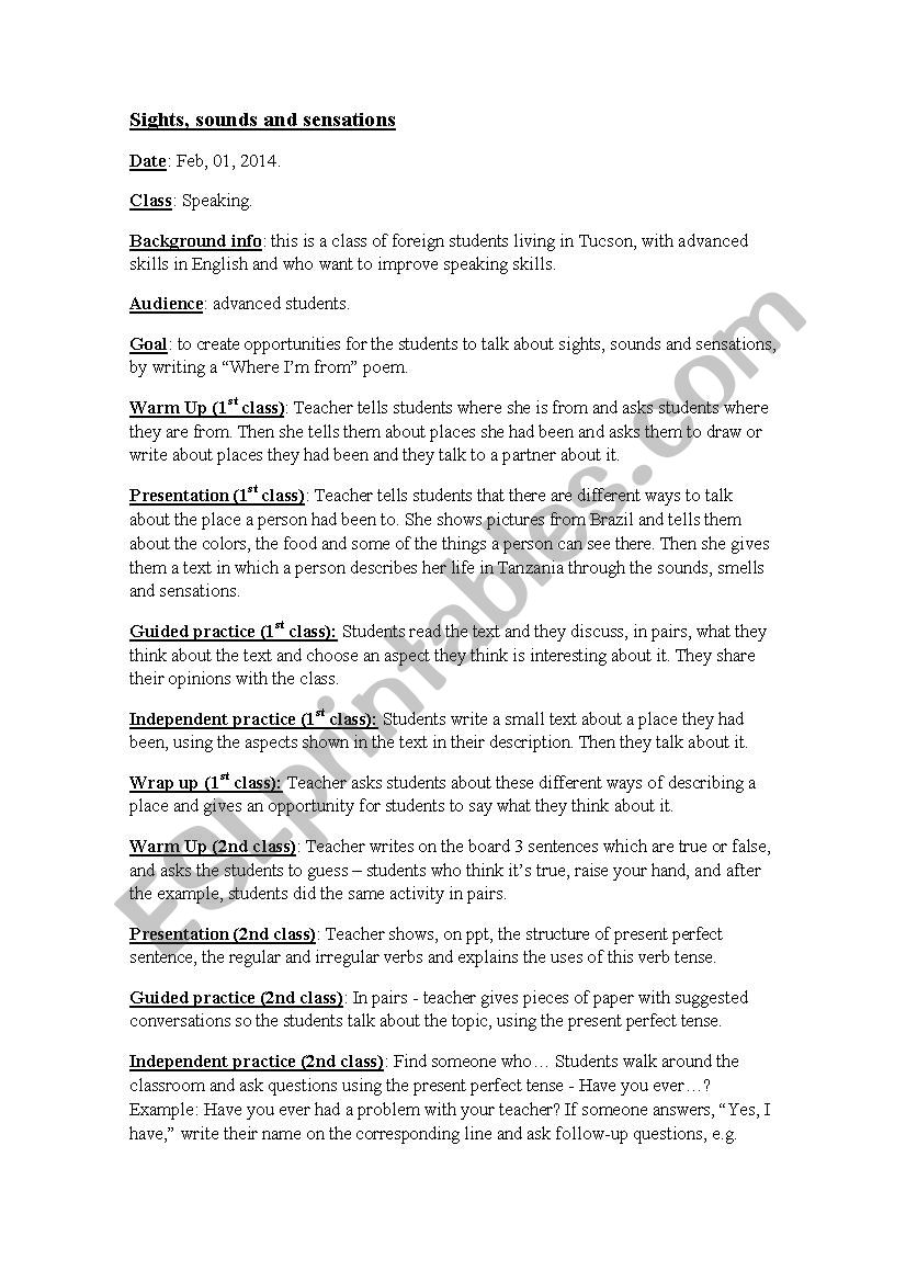 Sights, sounds and sensations worksheet