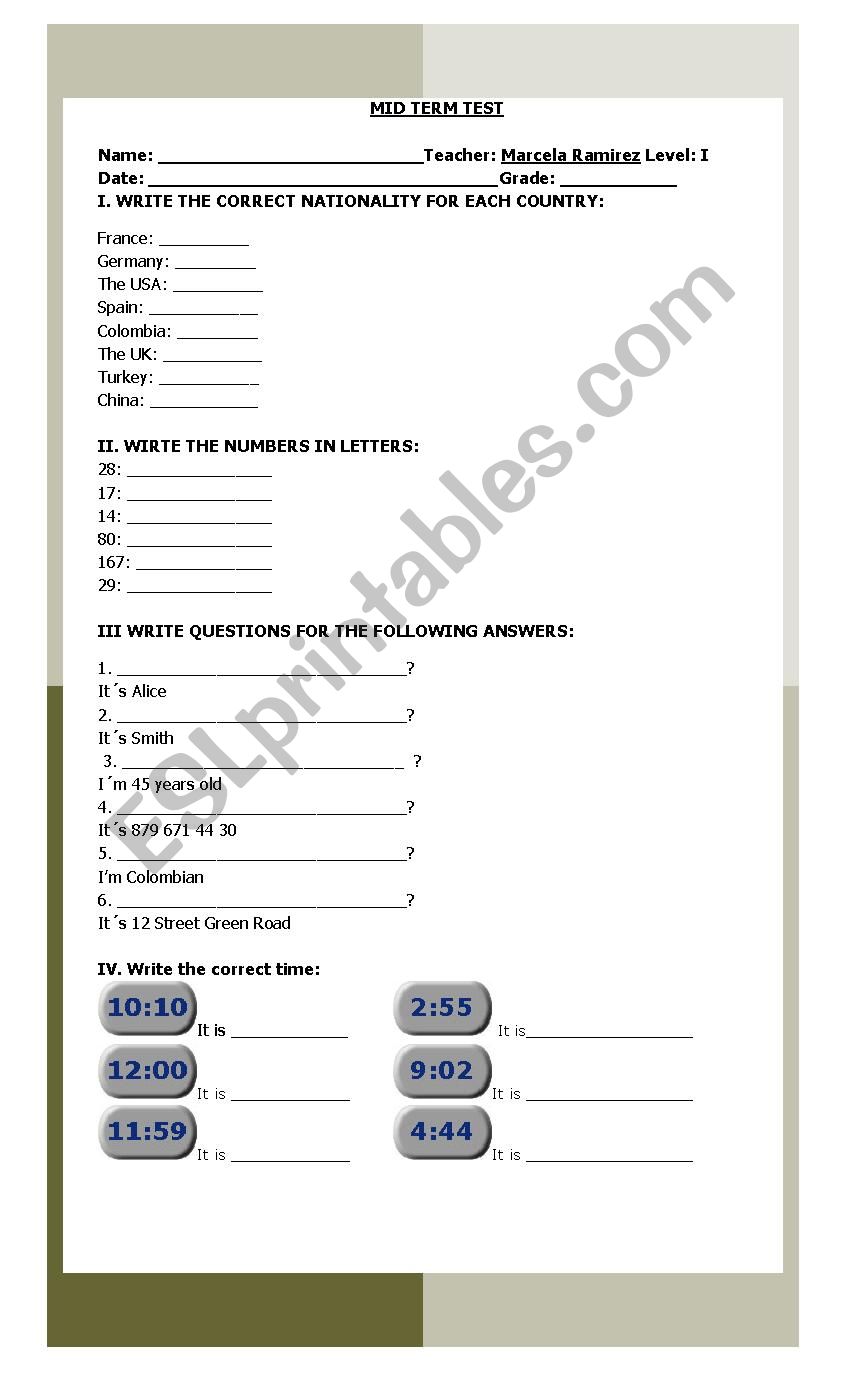 Mid Term 1 Verb to be,countries, number adjectives