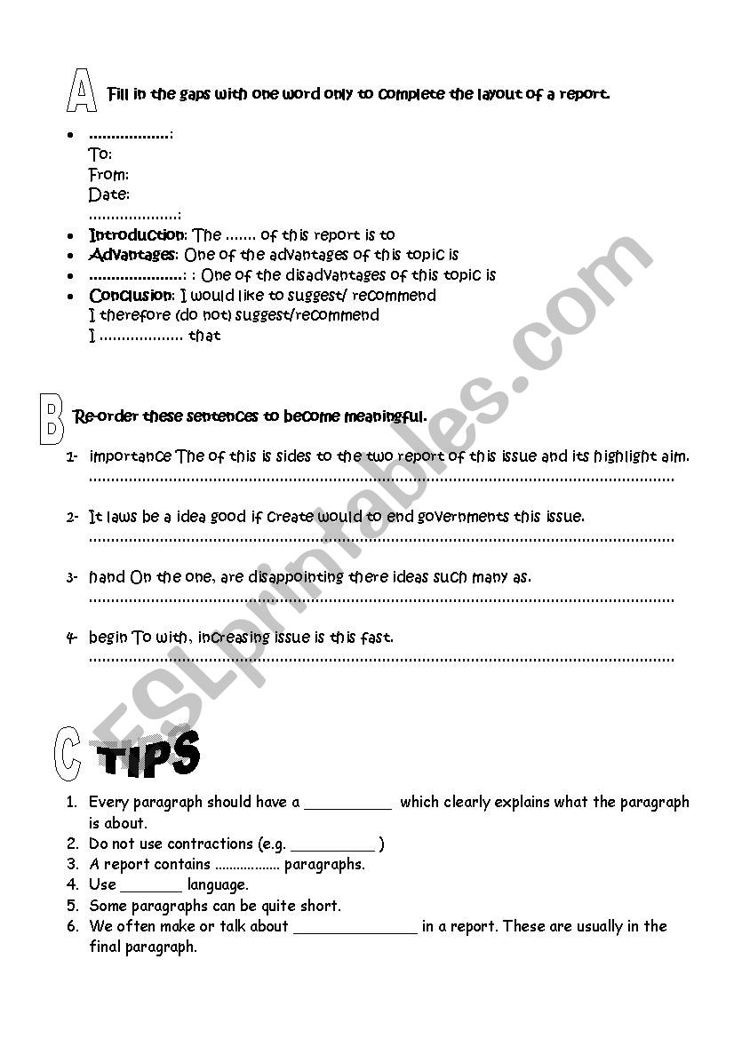 Writing a report worksheet