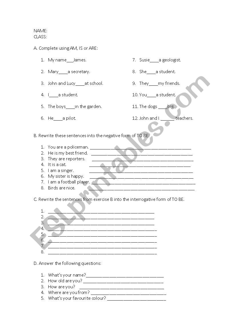 Verb to be test worksheet