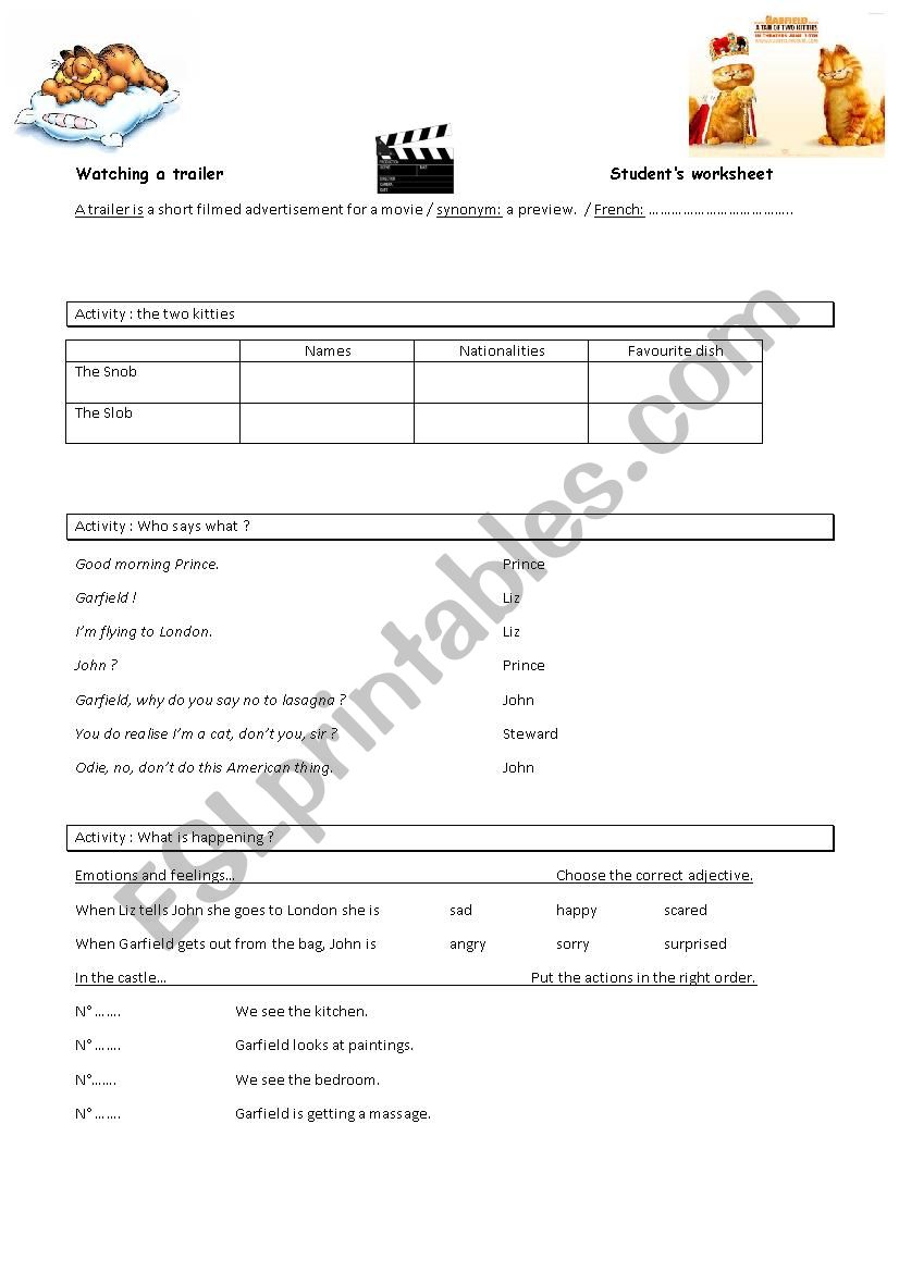 Garfield - trailer worksheet