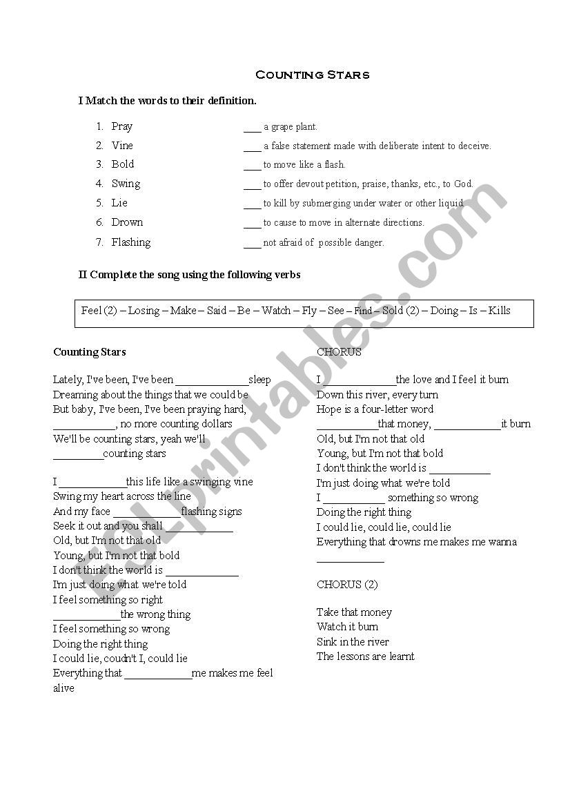 Counting Stars by OneRepublic worksheet