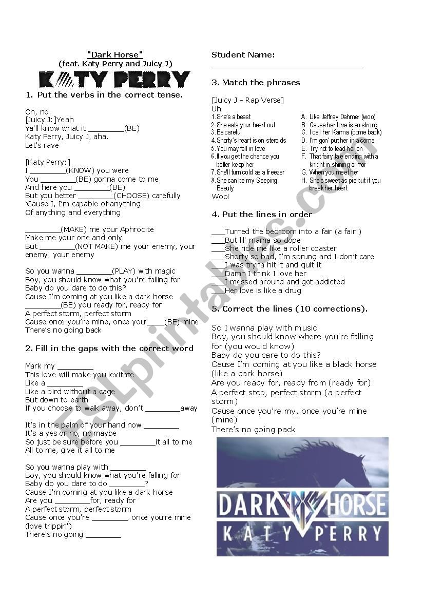 Katy Perry Dark Horse Song worksheet