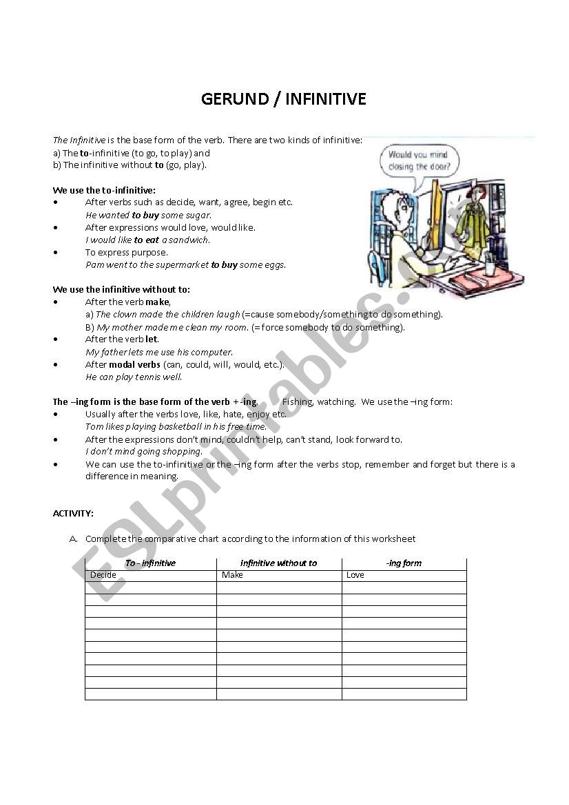 Verbs infinitive anf gerund worksheet