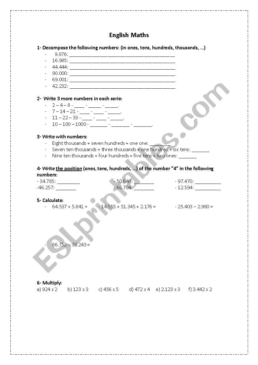 Maths exercises worksheet