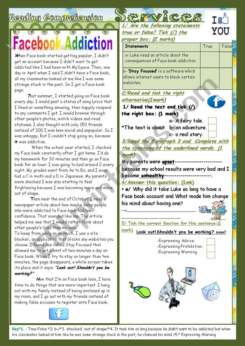 Facebook and other services(End Term2 Test9th form) 3Â¨Parts: Reading Comprehension+Language+Writing+Key