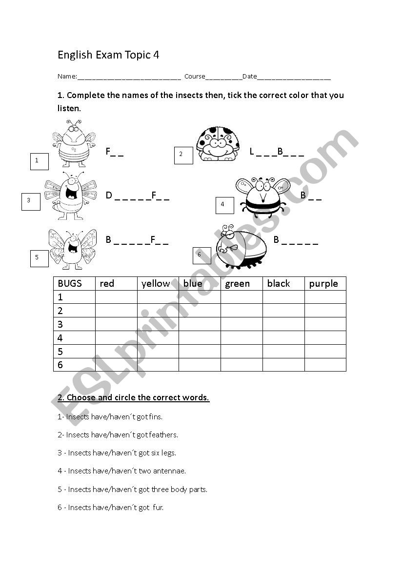 Bugs and Animals exam worksheet