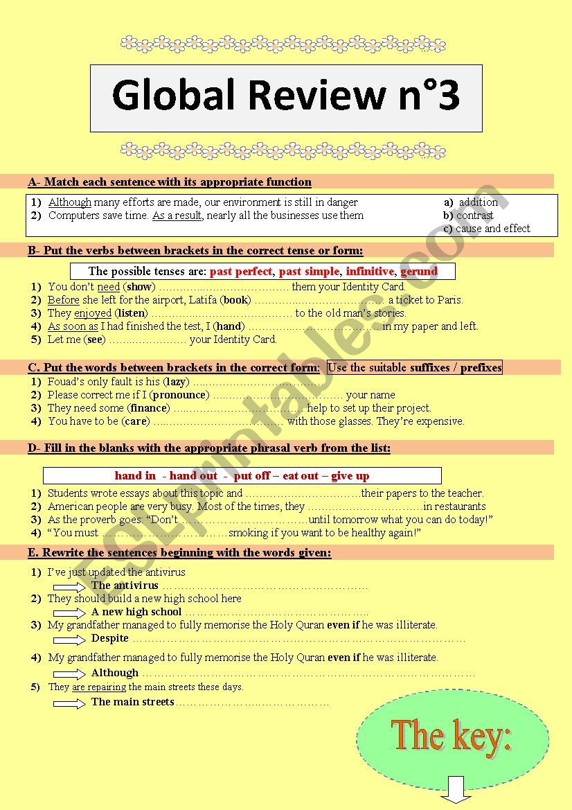 Global Grammar Review n3: Revising verb tenses, phrasal verbs, the passive voice, infinitive & gerund, linking words (+ key)