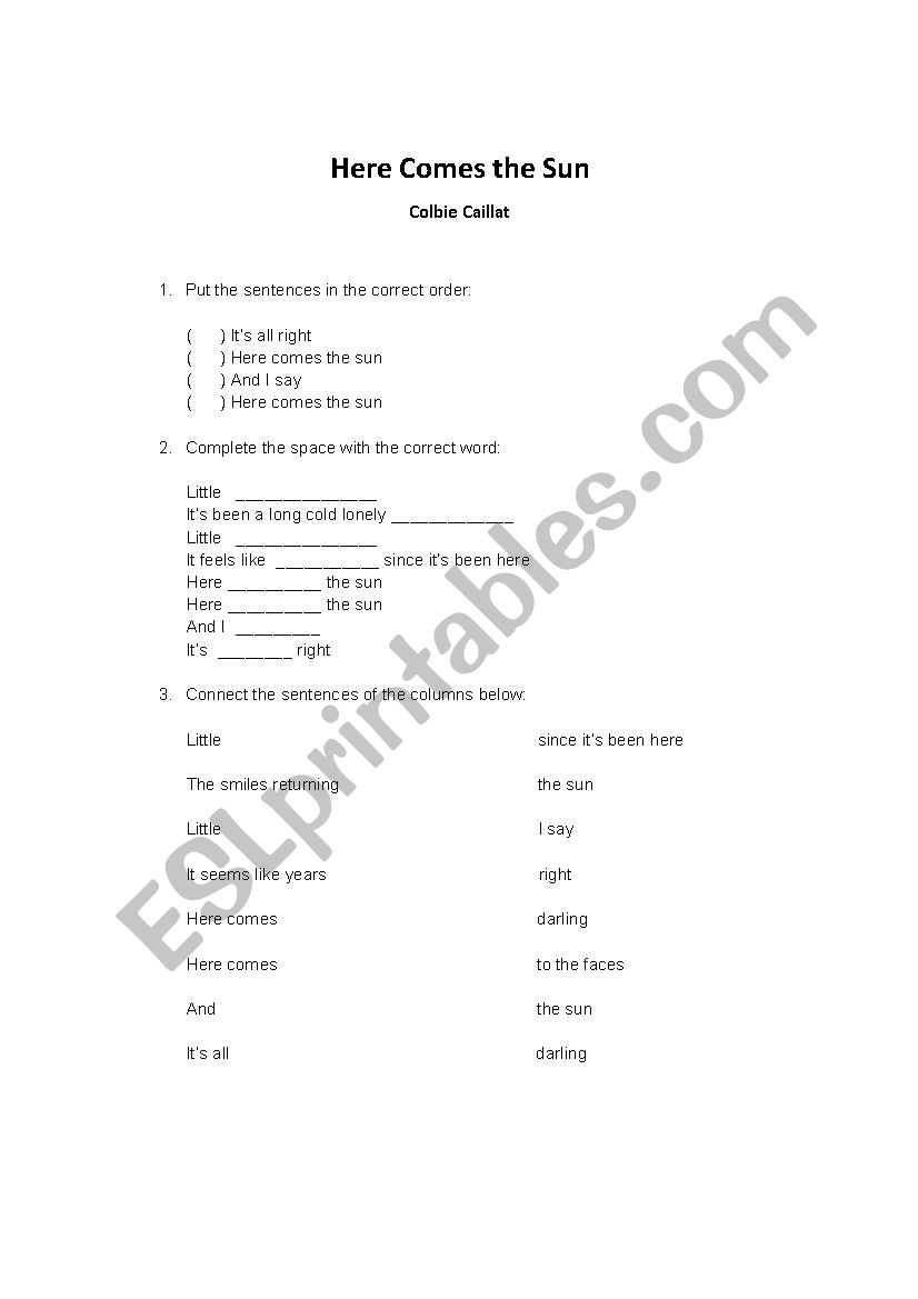 Here Comes the sun worksheet
