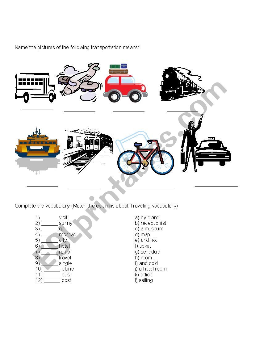 Travelling and Transportation worksheet