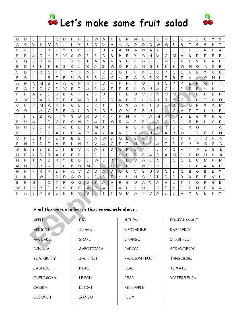 Fruit Salad Word Search worksheet