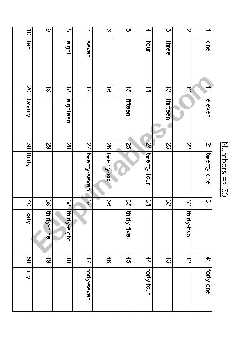 Numbers -> 50 worksheet