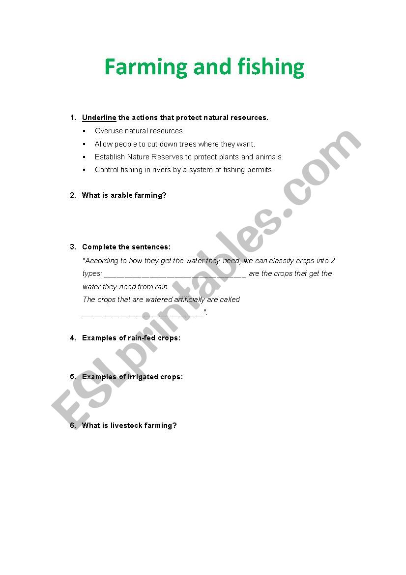 Farming and Fishing worksheet