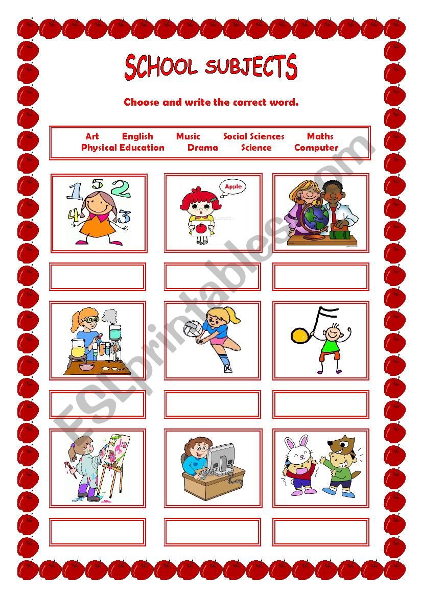 school subjects exercise worksheet