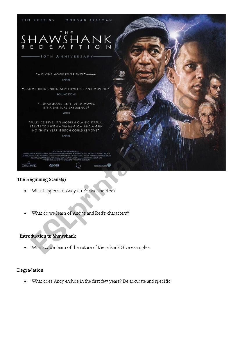 Shawshank Redemption Movie Worksheet