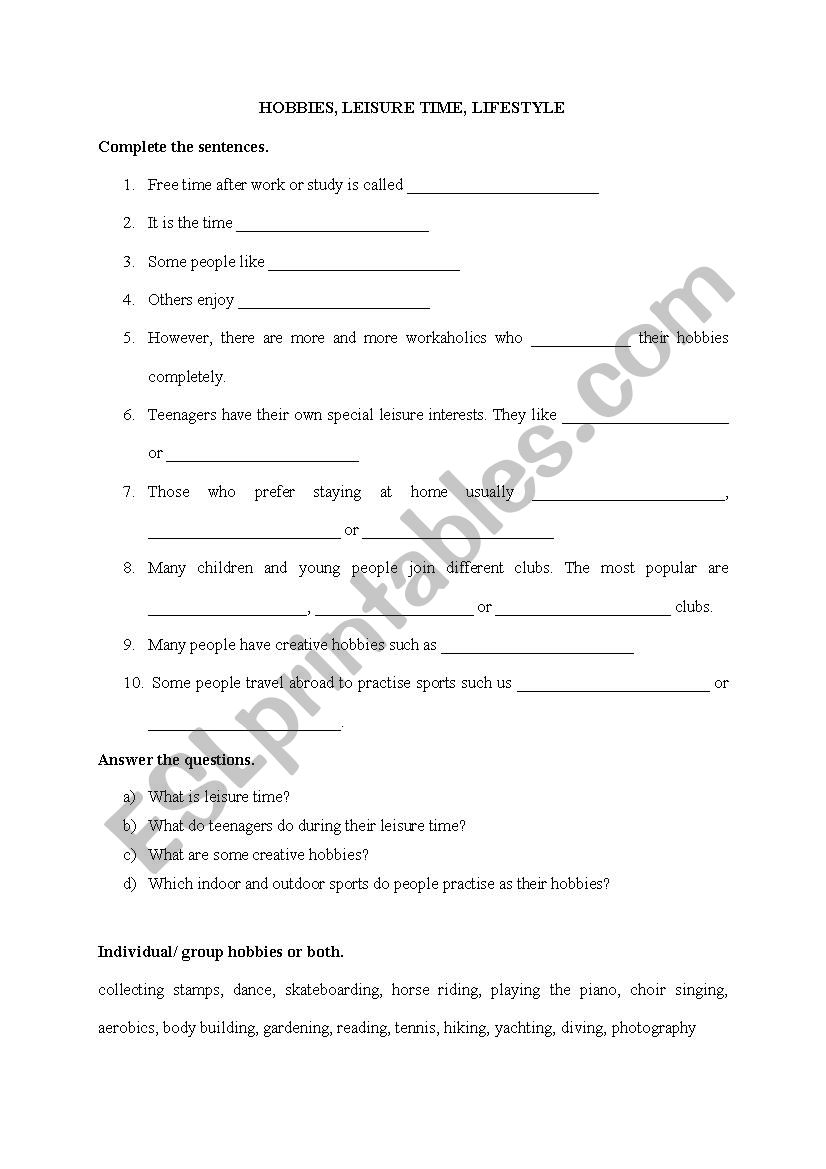 Leisure time worksheet