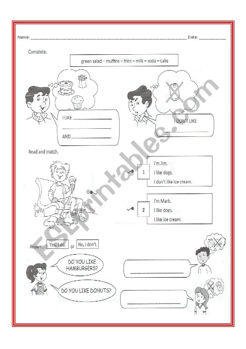 food and drink worksheet