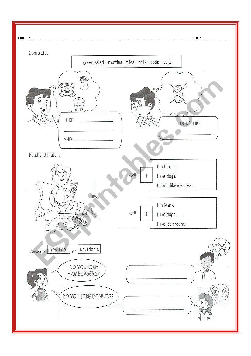 food and drink worksheet