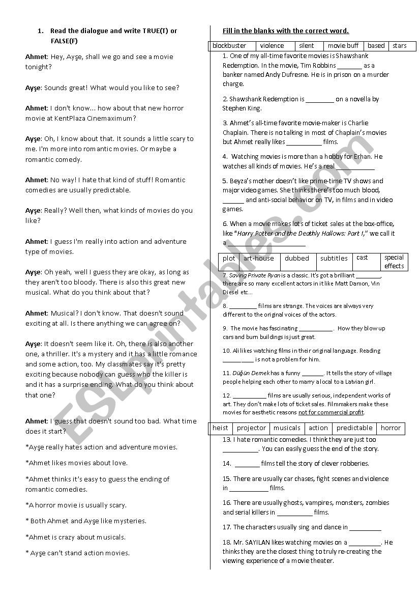 Movie-related vocabulary worksheet