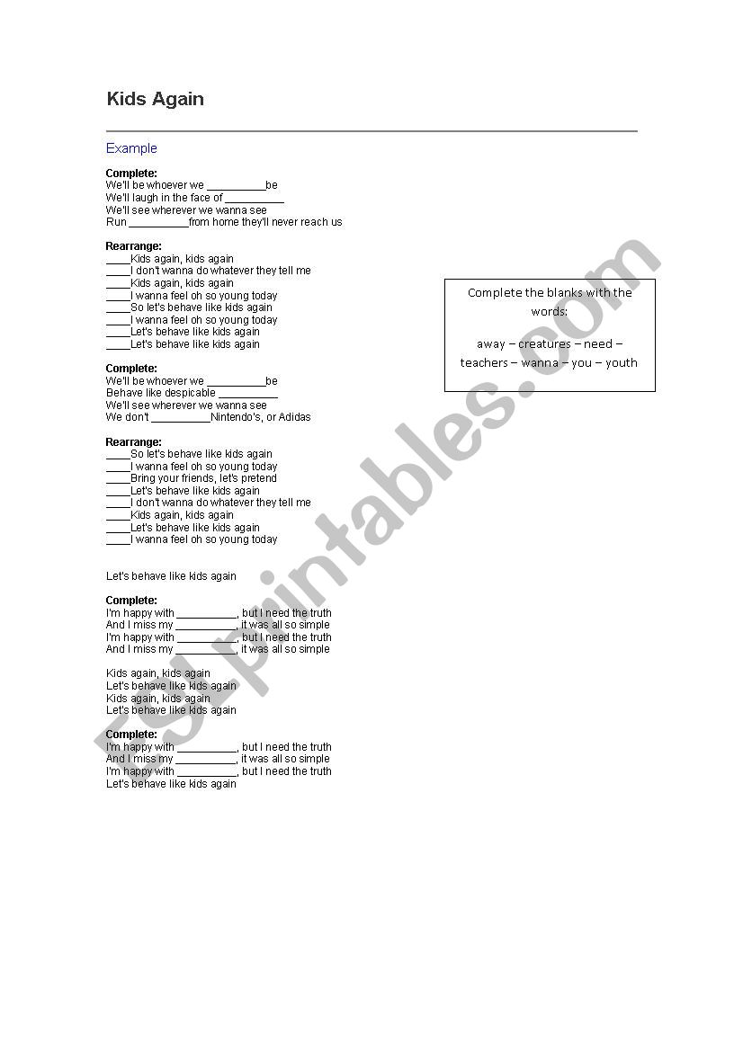 Song- Kids again - Example worksheet