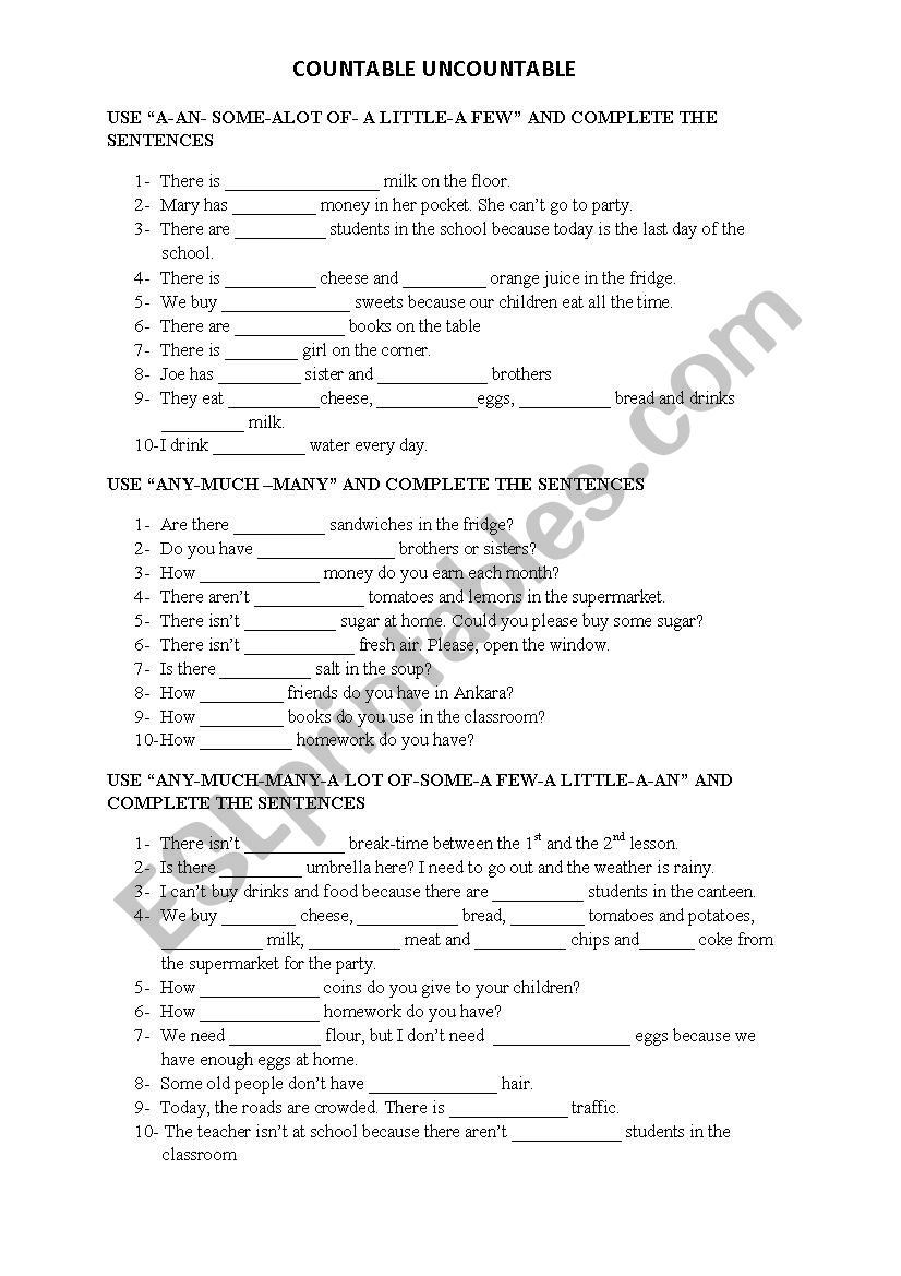 Countable Uncountable worksheet