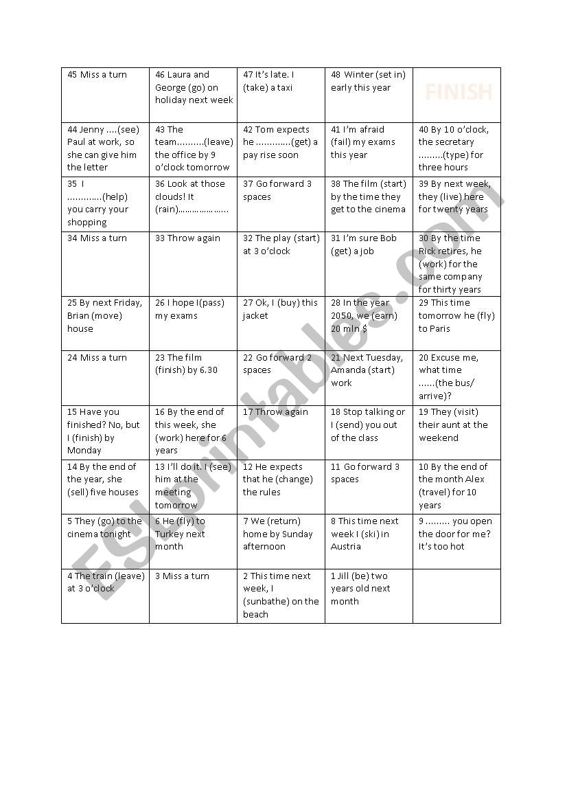 Future tenses game worksheet