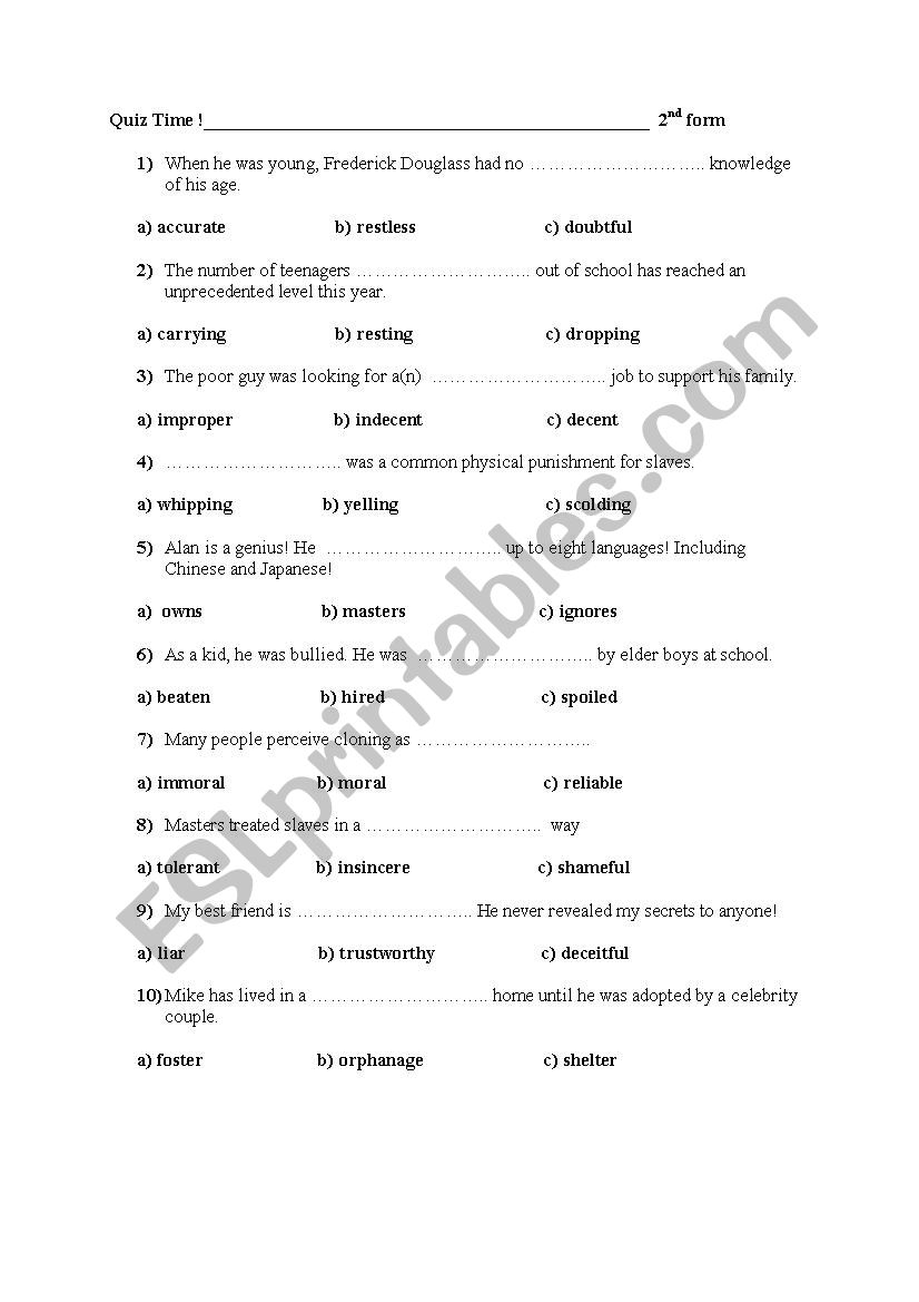 Quiz 2nd formers worksheet