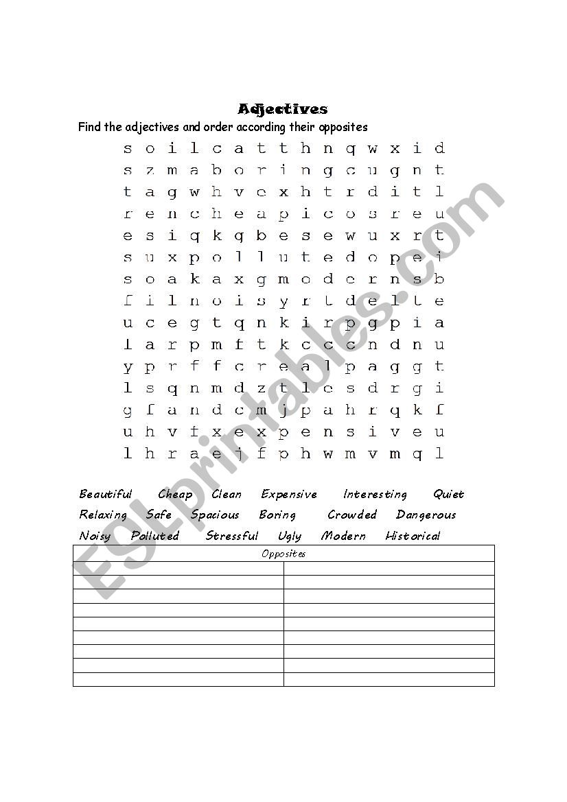 Opposites Adjectives Word Search