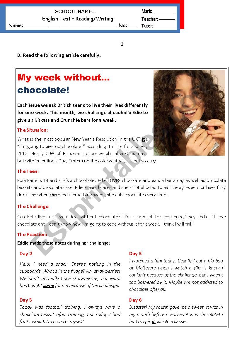 My week without chocolate (Addictions) B1 - pre-intermediate