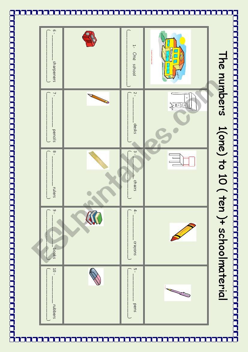 numbers and schoolmaterial worksheet