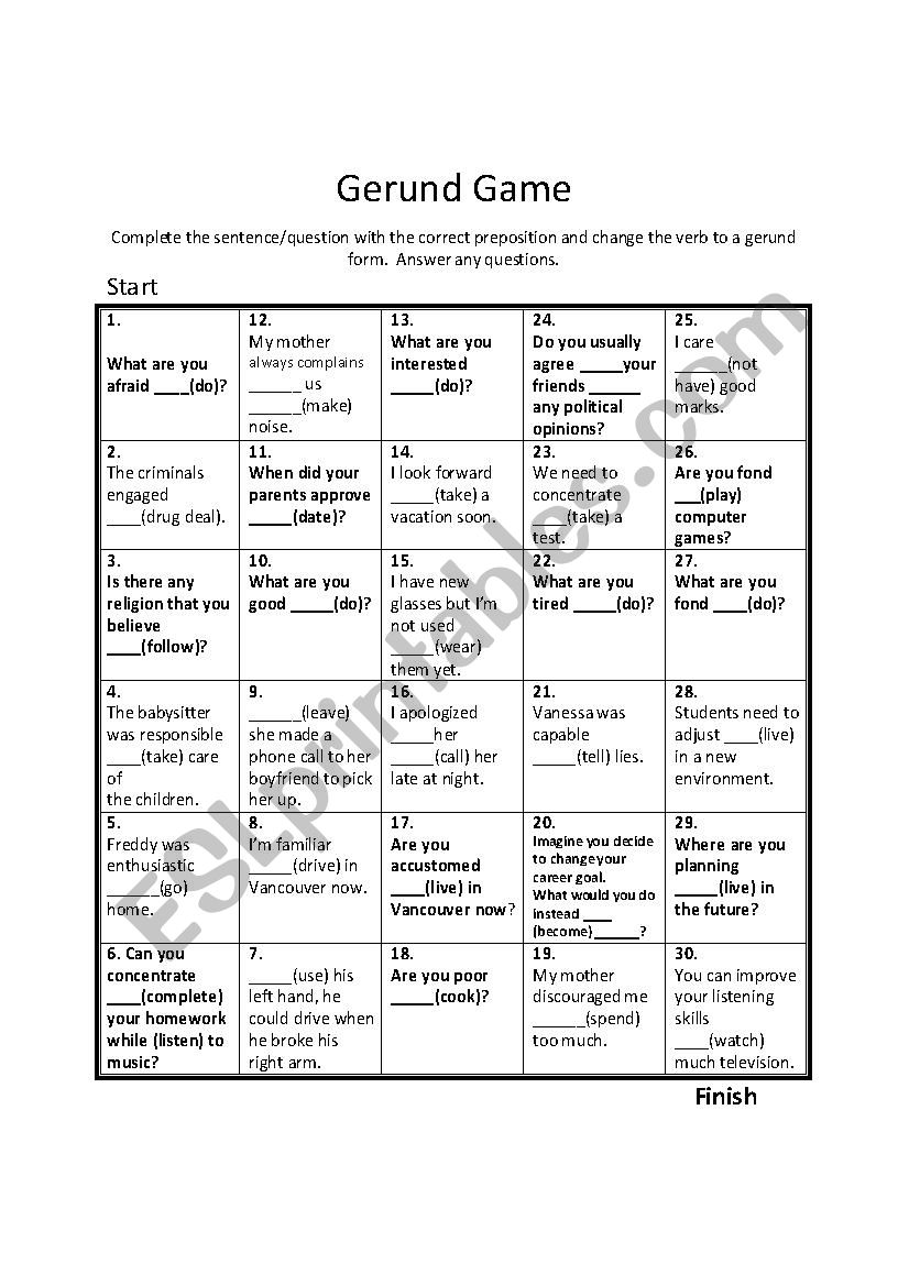 Gerund Board Game worksheet