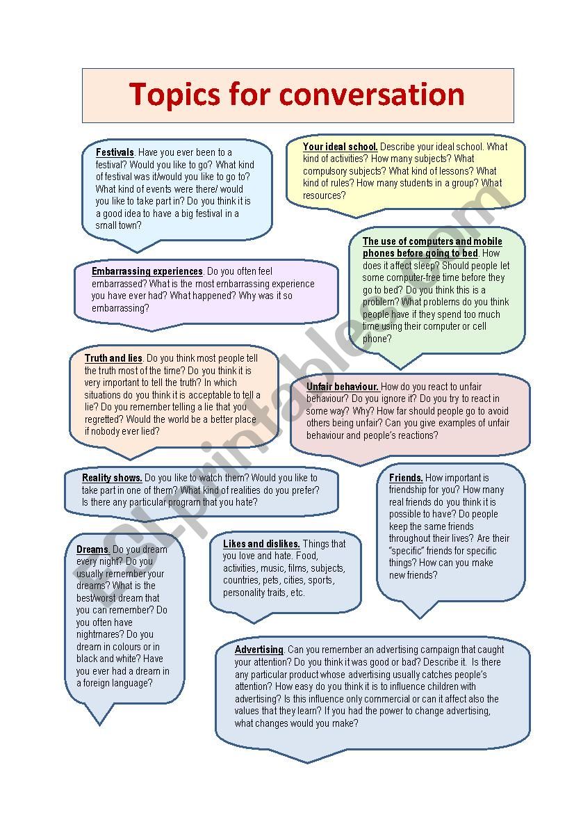 Questions for conversation worksheet