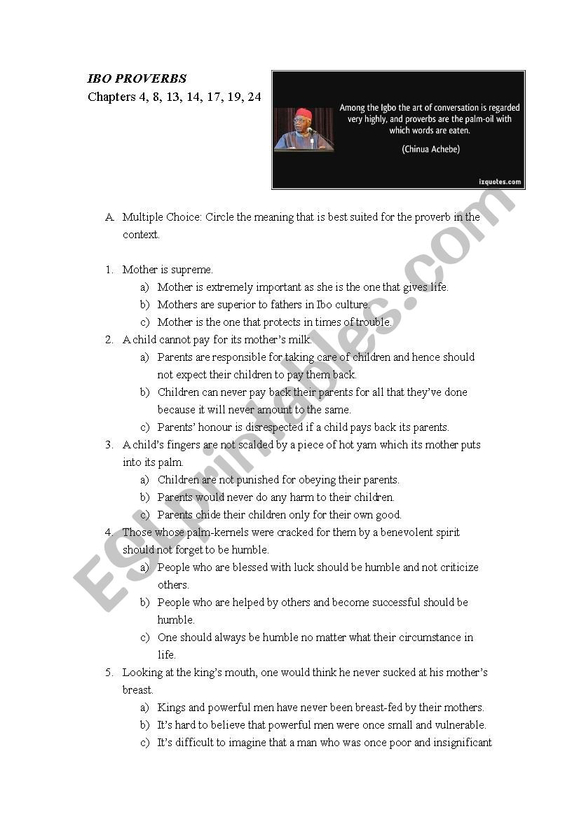 Things Fall Apart Proverbs 2 worksheet