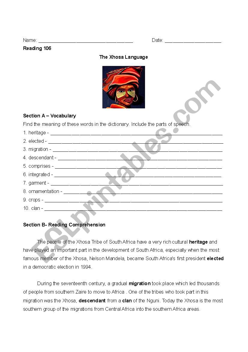 Xhosa Language worksheet