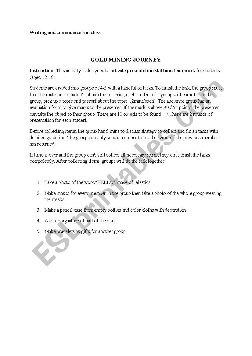 Gold mining game presentation practice esl worksheet by huong luu