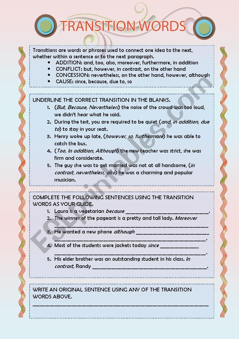 TRANSITION WORDS worksheet